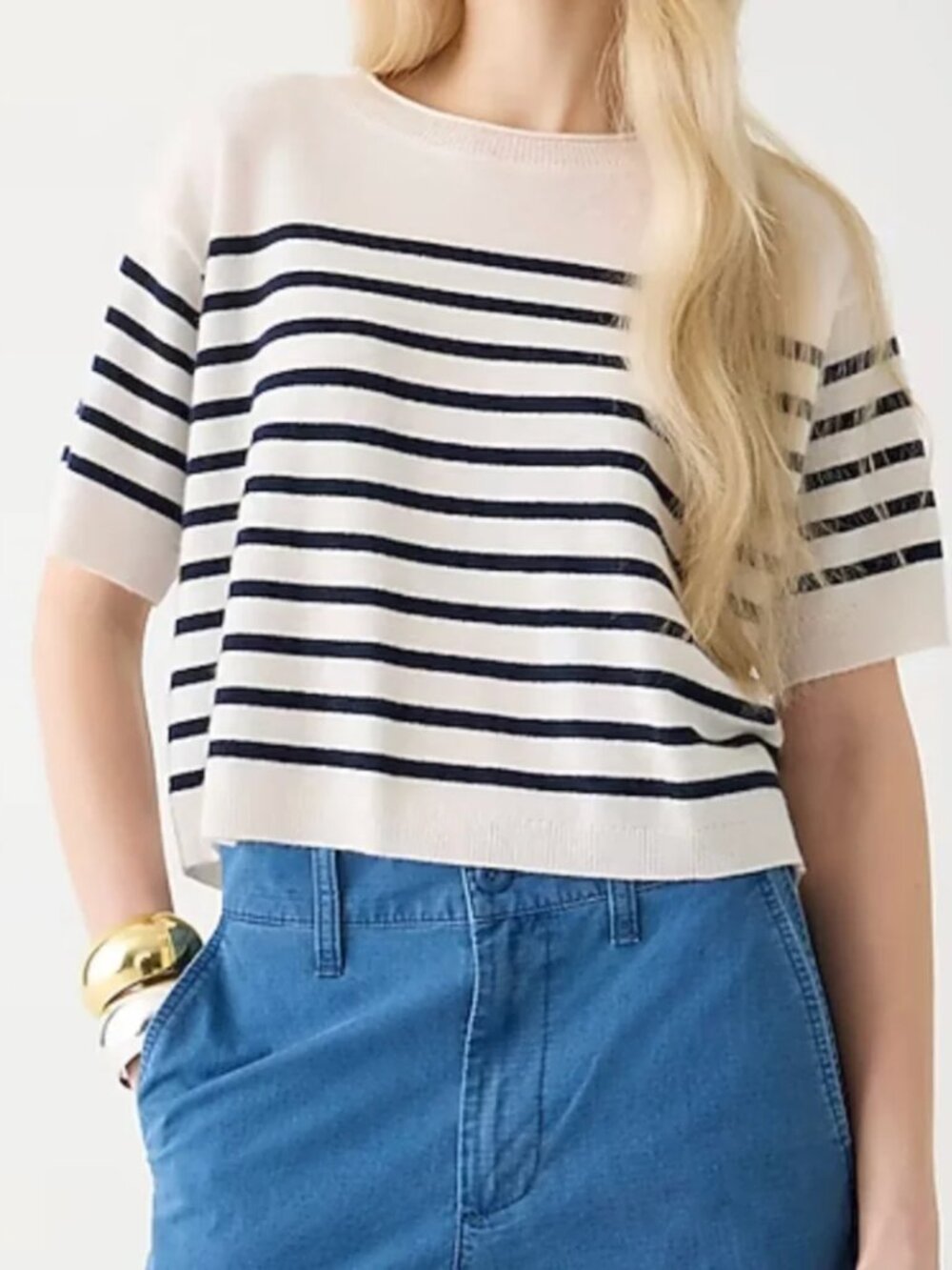 J. Crew | 100% Cashmere Oversized Sweater T-Shirt in Ivory and Navy Stripe